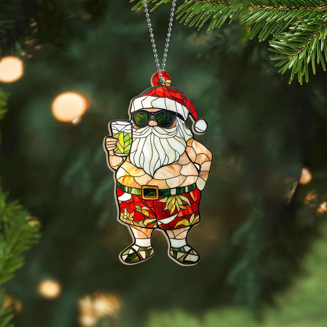 Hawaii Cute Santa Claus with Drink Christmas Suncatcher, Funny Santa Christrmas Ornament Decor