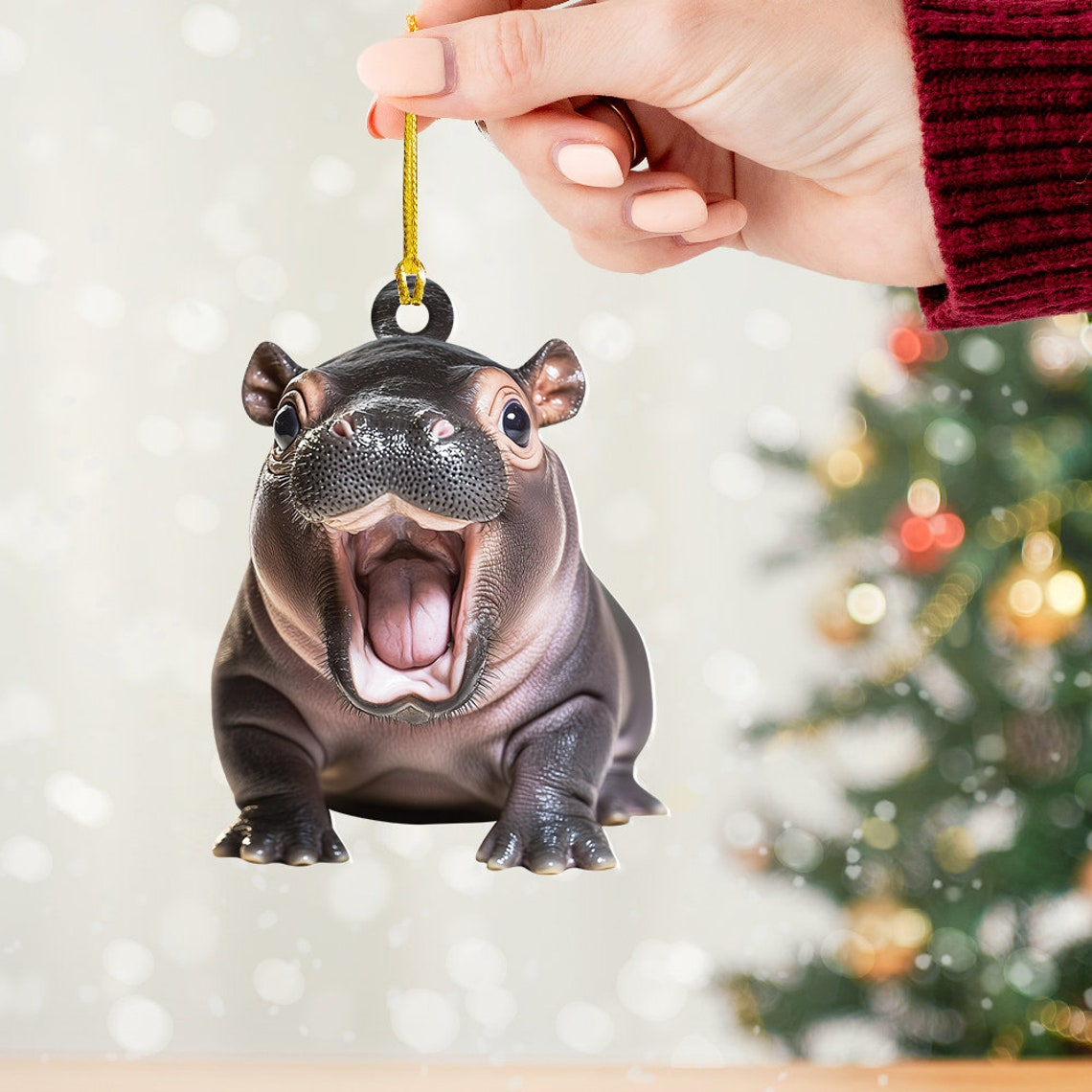 Christmas Baby Hippo Hanging Ornament Gift, Pygmy Hippo Funny Christmas Ornament Decor