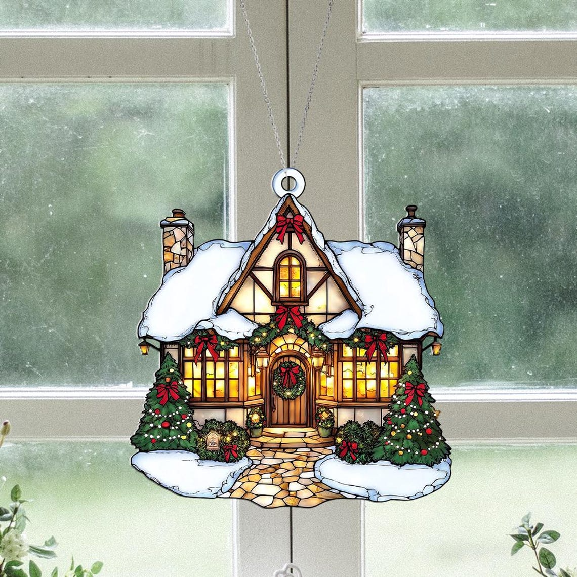 Christmas Cottage Window Hanging Suncatcher, Christmas Cottage Hanging Decor Ornament