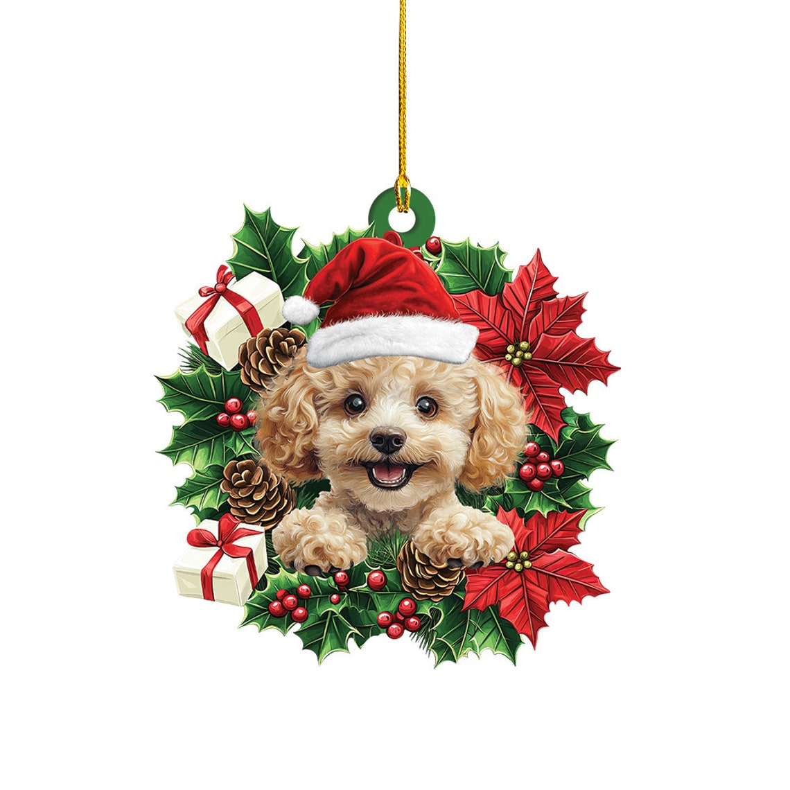 Poodle Dog Christmas Wreath Ornament Decor, Cute Poodle Dog Hanging Christmas Ornament Holiday Gift