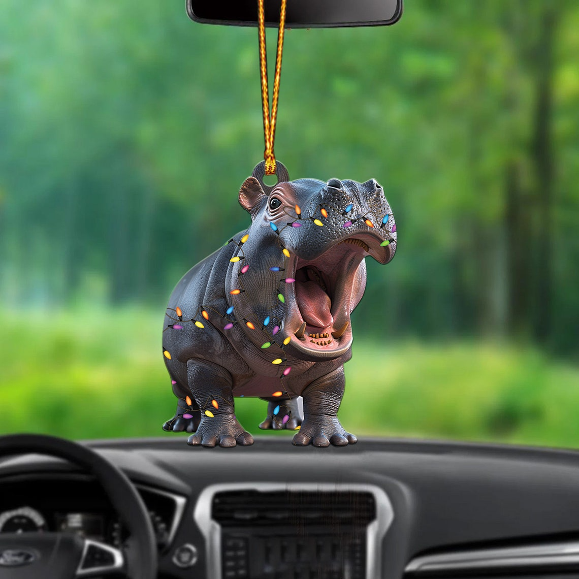 Cute Hippo Moo Deng Christmas Tree Light Ornament, Hippo Rearview Mirror Car Christmas Ornament