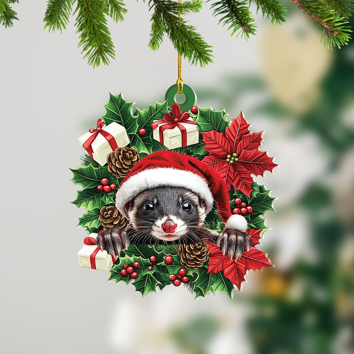 Cute Ferret Christmas Wreath Ornament Decor, Ferret Hanging Christmas Decor Ornament Gift