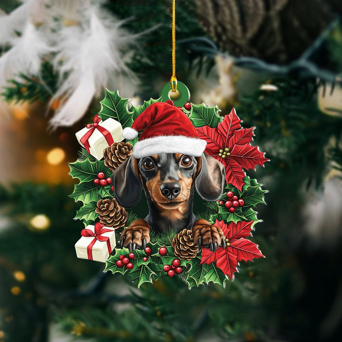 Lovely Dachshund Dog Christmas Tree Ornament, Dachshund Dog Christmas Wreath Ornament