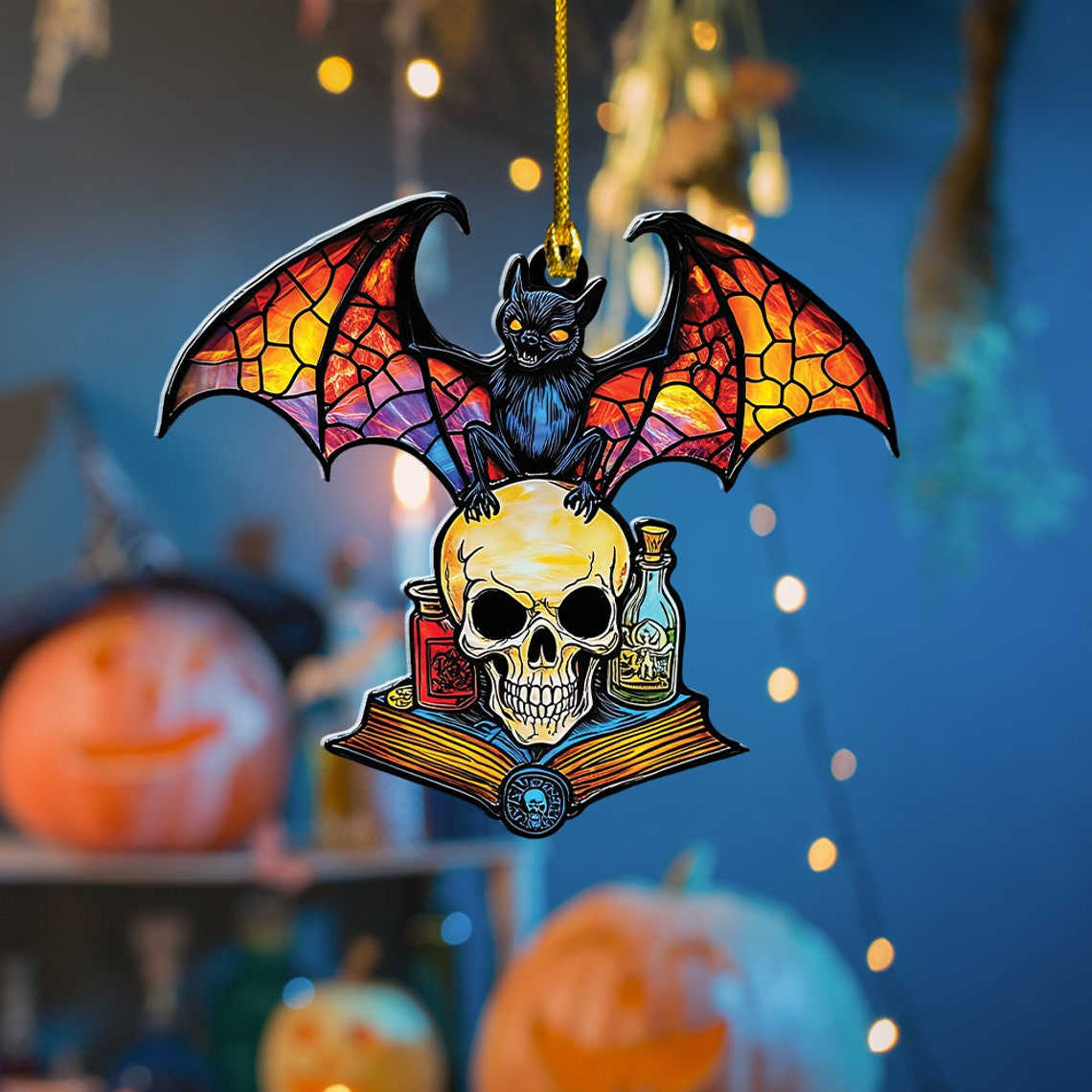 Bat Skull Suncatcher Ornament, Halloween Skull Suncatcher Decor