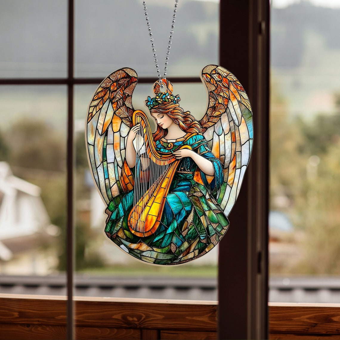 Winged Angel With Harp Christmas Suncatcher, Angel With Harp Hanging Ornament Decor