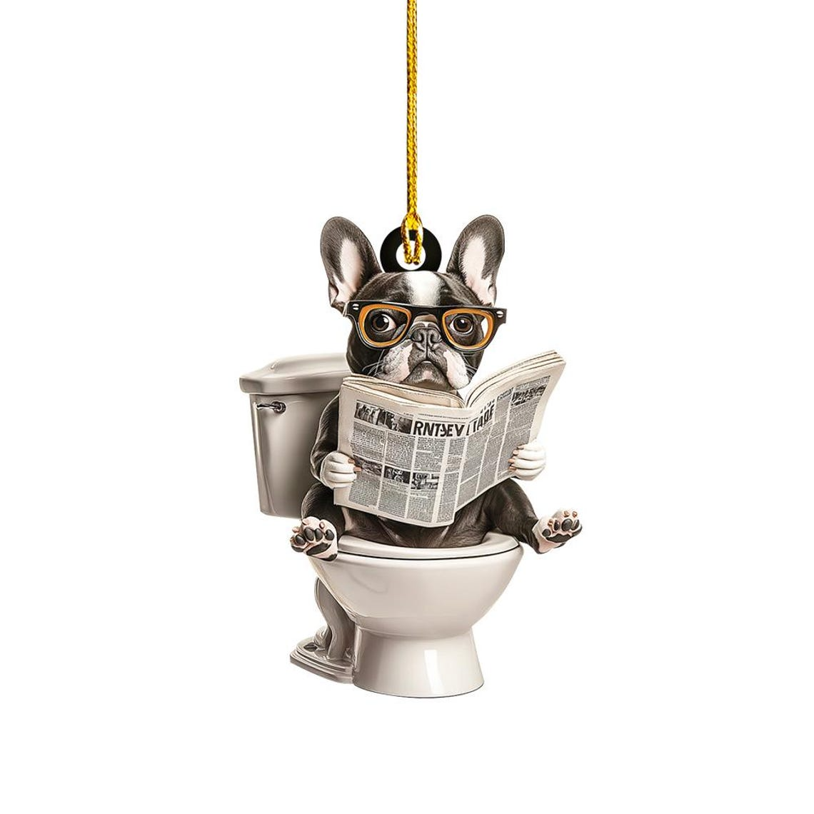 French Bulldog Sit On Toilet Christmas Ornament, French Bulldog Reading Newspaper Ornament