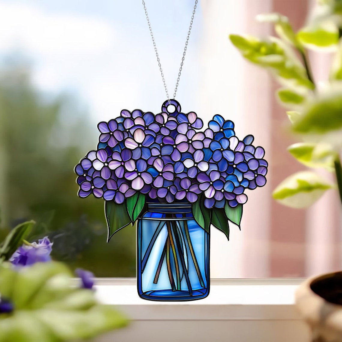 Lilac Flowers Jar Suncatcher Ornament, Lilac Flowers Sun Light Catcher