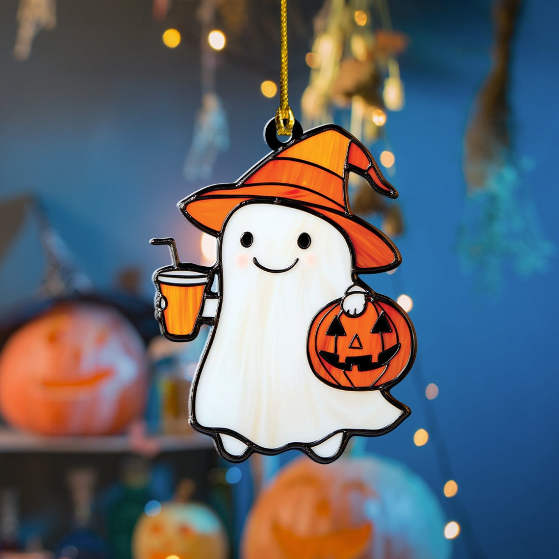 Cute Ghost With Juice Halloween Suncatcher Ornament, Cute Ghost Window Hanging Decor