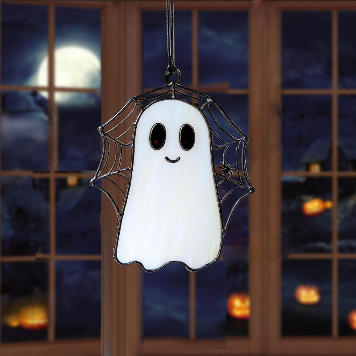 Funny Ghost With Spider Web Halloween Suncatcher, Funny Ghost Hanging Decor