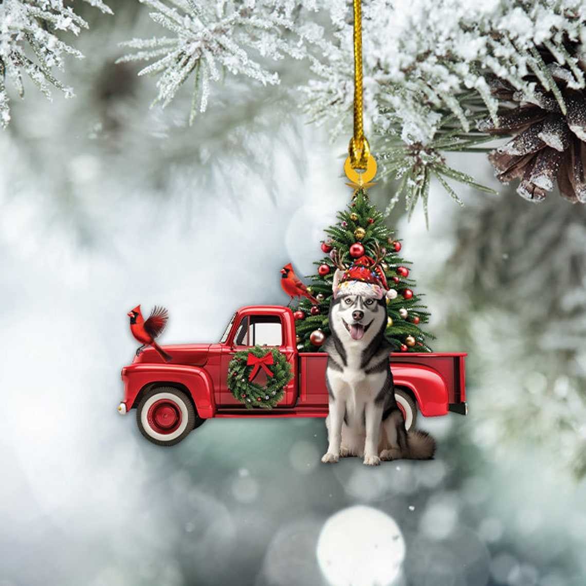 Siberian Husky Dog and Red Truck Hanging Ornament, Siberian Husky Dog Christmas Ornament Gift