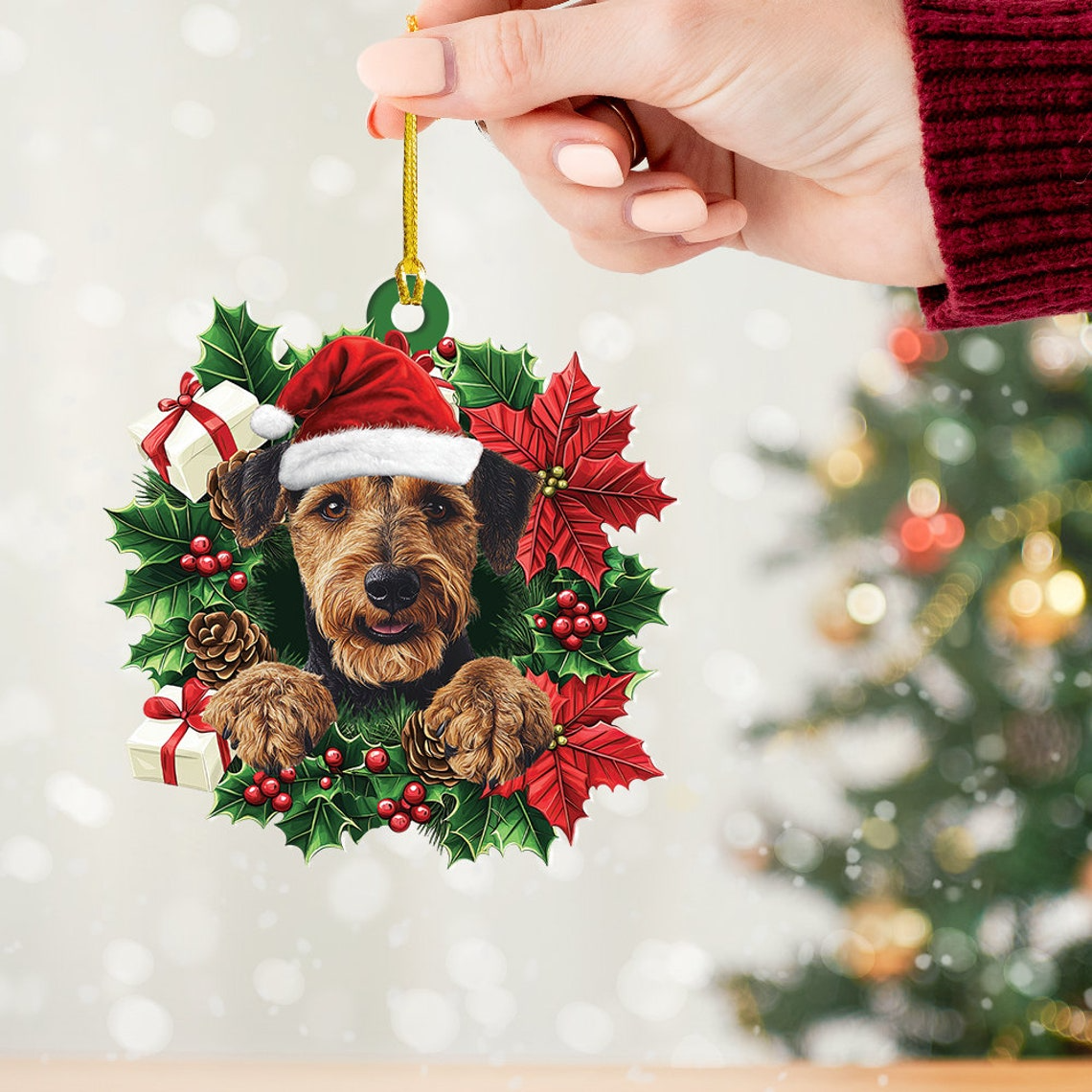 Airedale Terrier Dog Christmas Wreath Ornament, Airedale Terrier Dog Christmas Ornament