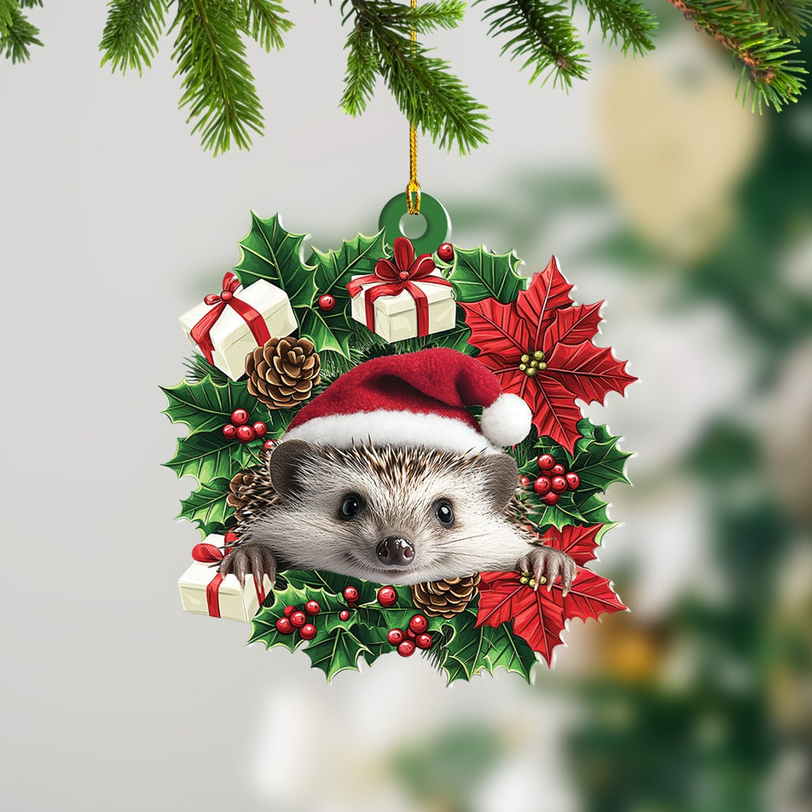 Hedgehog Christmas Tree Wreath Ornament, Hedgehog Rearview Mirror Car Ornament Decor