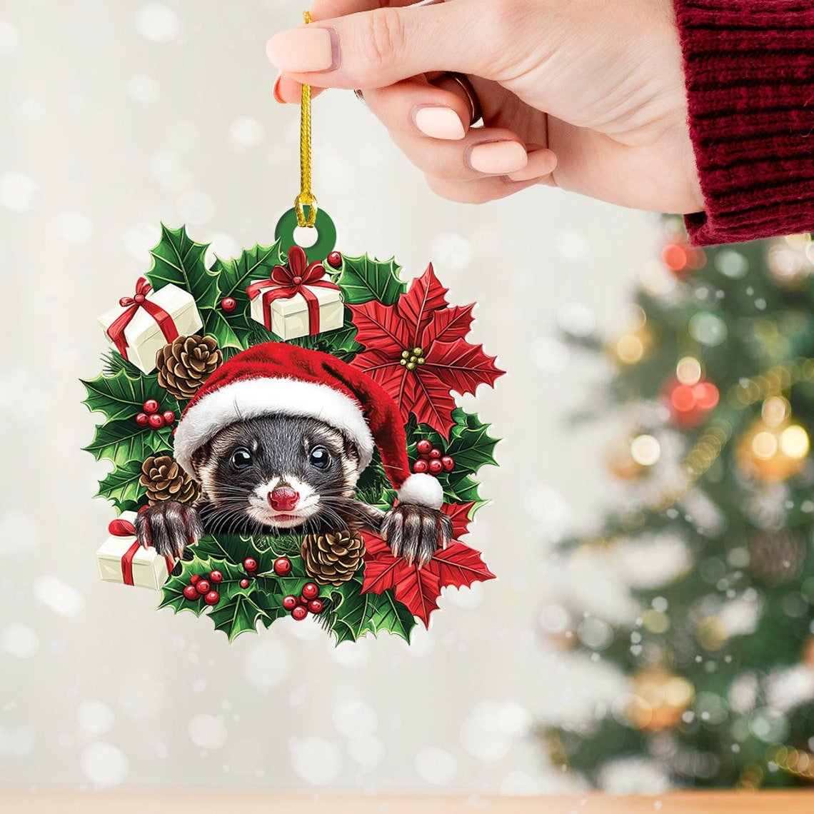 Cute Ferret Christmas Wreath Ornament Decor, Ferret Hanging Christmas Decor Ornament Gift