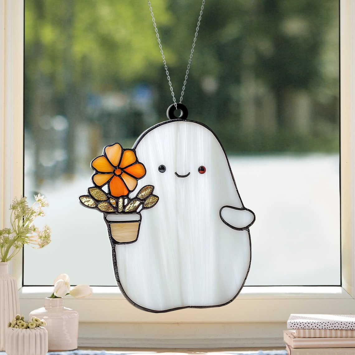 Cute Ghost Flower Suncatcher Ornament, Ghost Gardener Flower Ornament Decor