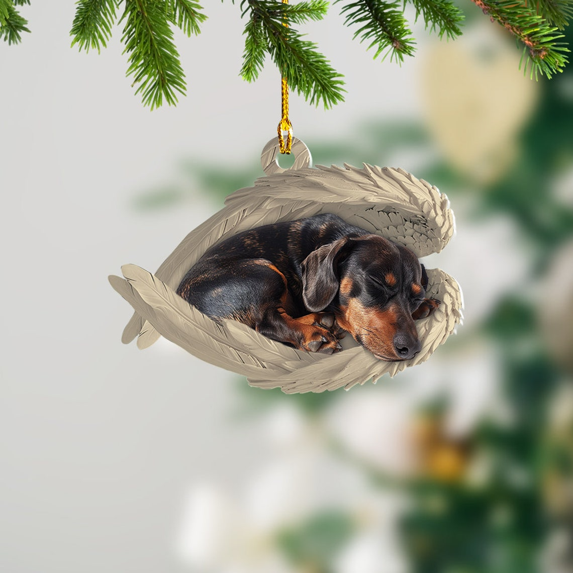 Dachshund Dog Sleeping Angel Wings Ornament, Christmas Dog Hanging Ornament Decor Gift