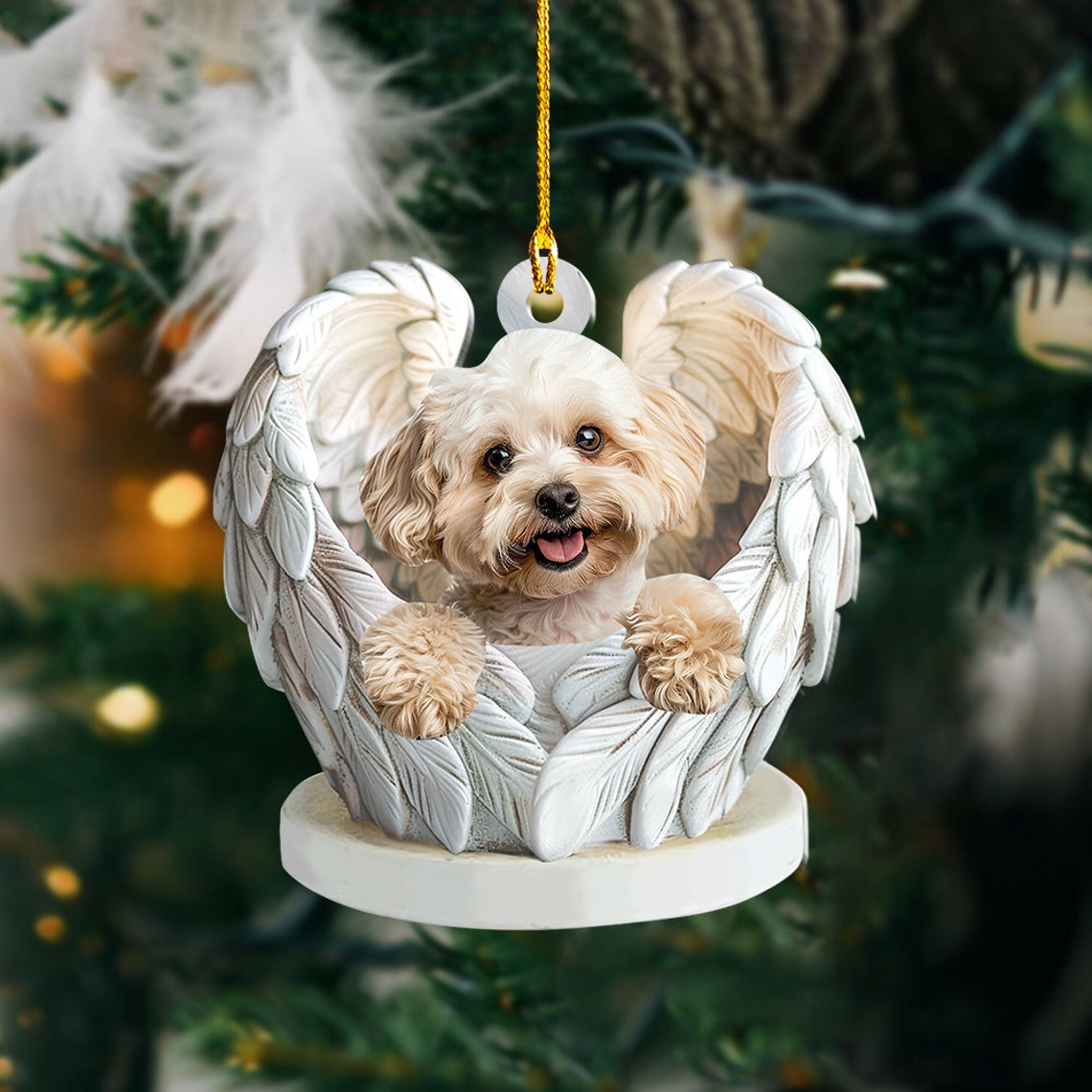 Maltipoo Dog Angel Wings Christmas Ornament, Cute Dog Hanging Christmas Ornament Gift