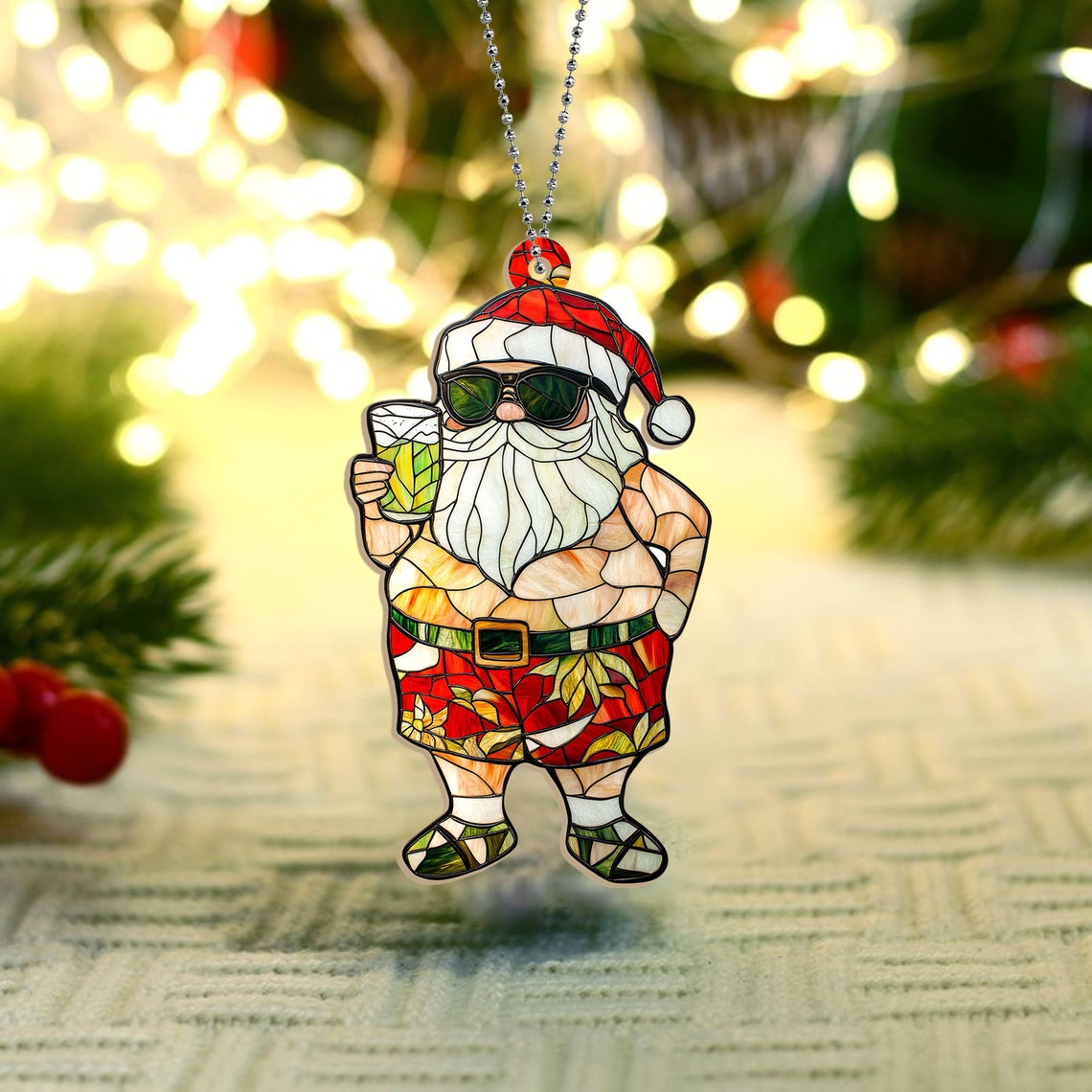 Hawaii Cute Santa Claus with Drink Christmas Suncatcher, Funny Santa Christrmas Ornament Decor