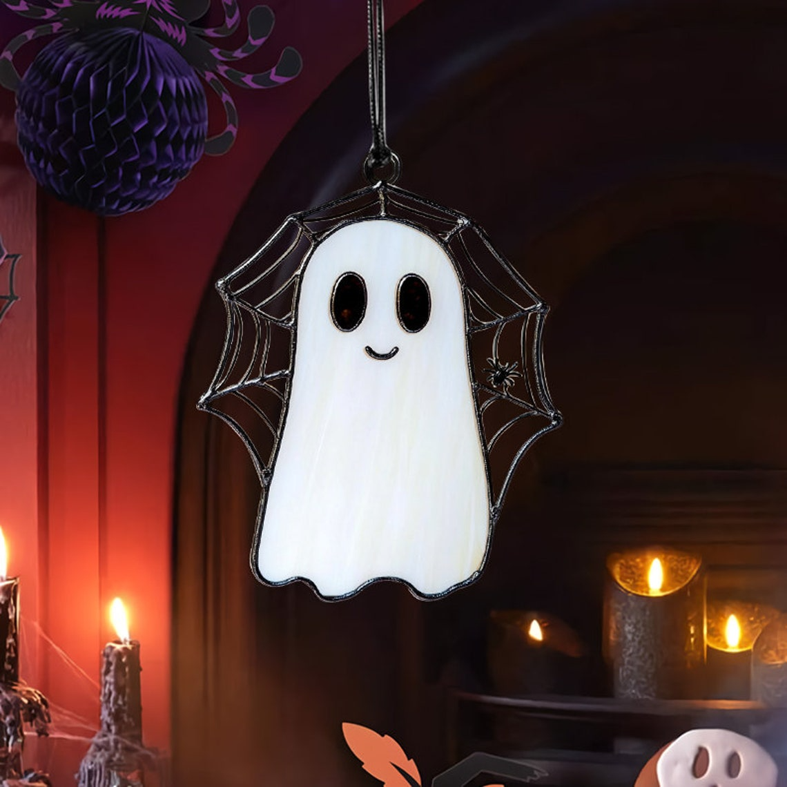 Funny Ghost With Spider Web Halloween Suncatcher, Funny Ghost Hanging Decor