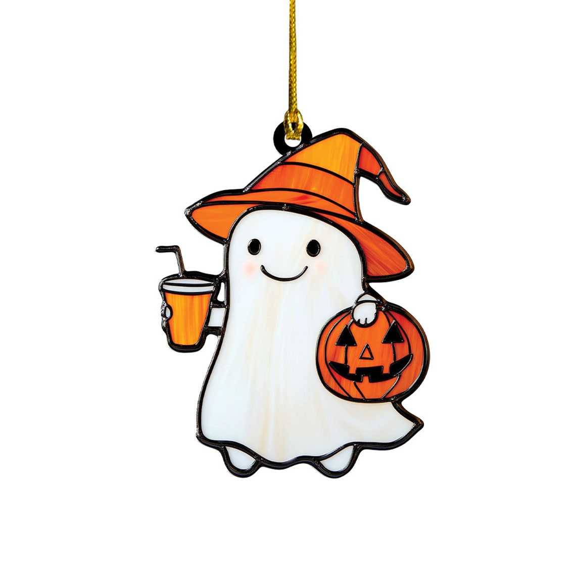 Cute Ghost With Juice Halloween Suncatcher Ornament, Cute Ghost Window Hanging Decor