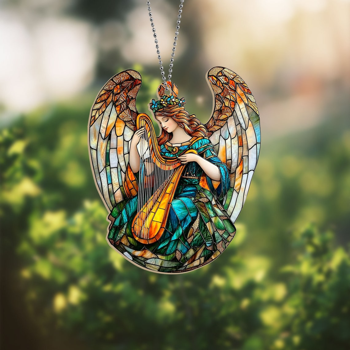 Winged Angel With Harp Christmas Suncatcher, Angel With Harp Hanging Ornament Decor