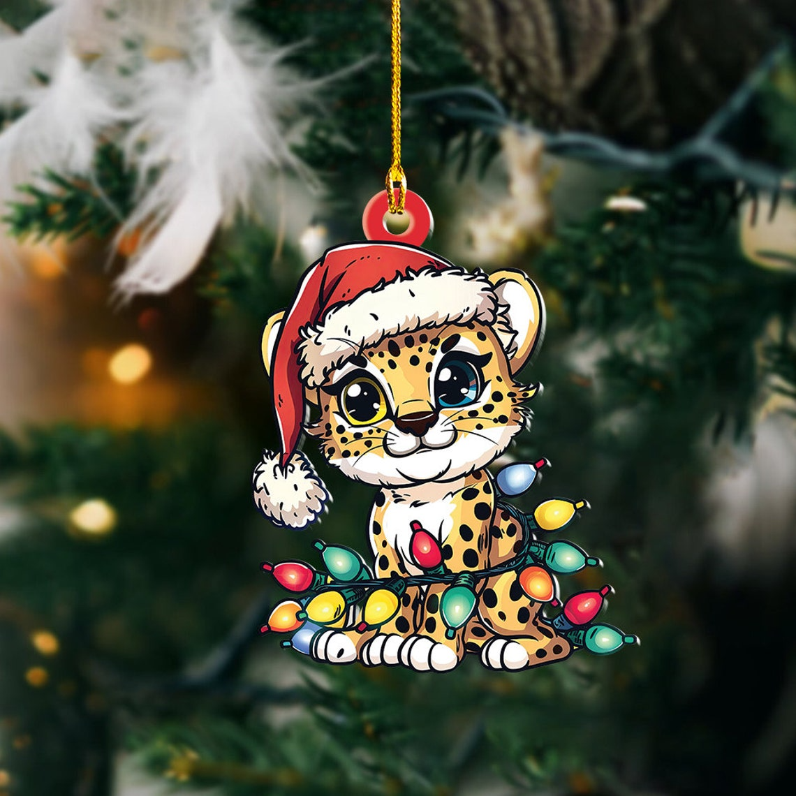 Cute Cheetah Christmas Lights Ornament Decor, Cheetah Hanging Christmas Tree Ornament Gift