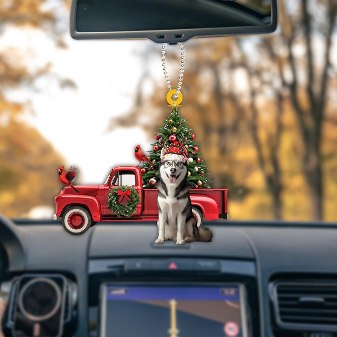 Siberian Husky Dog and Red Truck Hanging Ornament, Siberian Husky Dog Christmas Ornament Gift