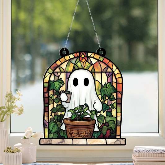 Ghost Planting Tree Halloween Suncatcher, Ghost At Greenhouse Home Decor