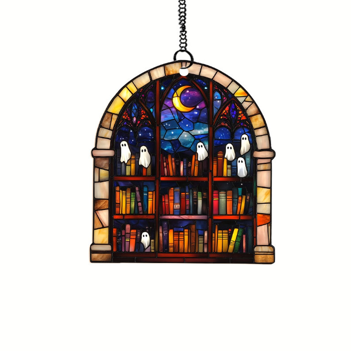 Halloween Ghosts in Haunted Library Suncatcher, Vintage Ghost Hanging Ornament Decor