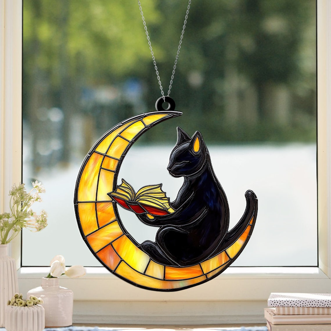 Cat Reading Books on The Moon Suncatcher, Cat on The Moon Hanging Decor