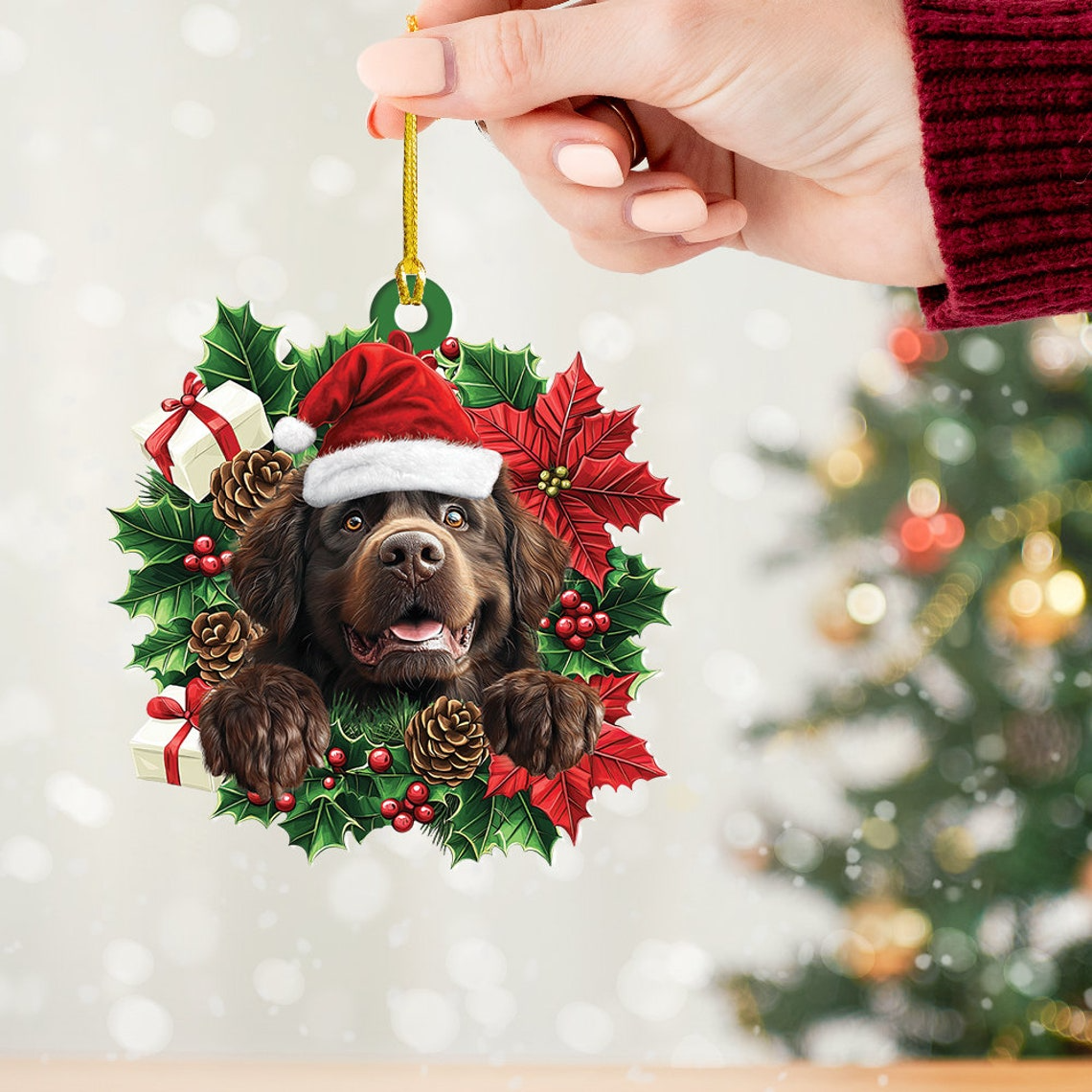 Newfoundland Dog Christmas Wreath Ornament, Newfoundland Dog Christmas Ornament Decor