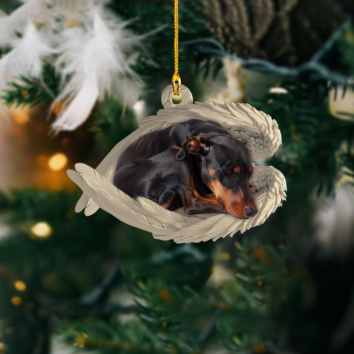 Doberman Pinscher Dog Angel Wings Ornament, Dobermann Dog Sleeping Christmas Ornament Gift