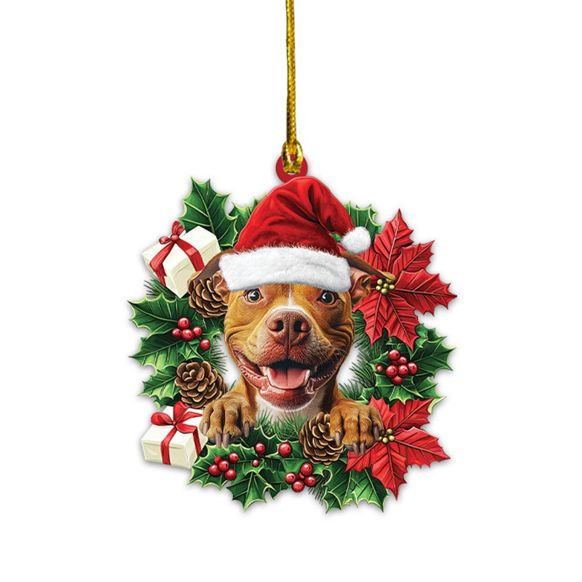 Pitbull Dog Christmas Wreath Ornament Decor, Cute Dog Hanging Christmas Ornament Decor Gift