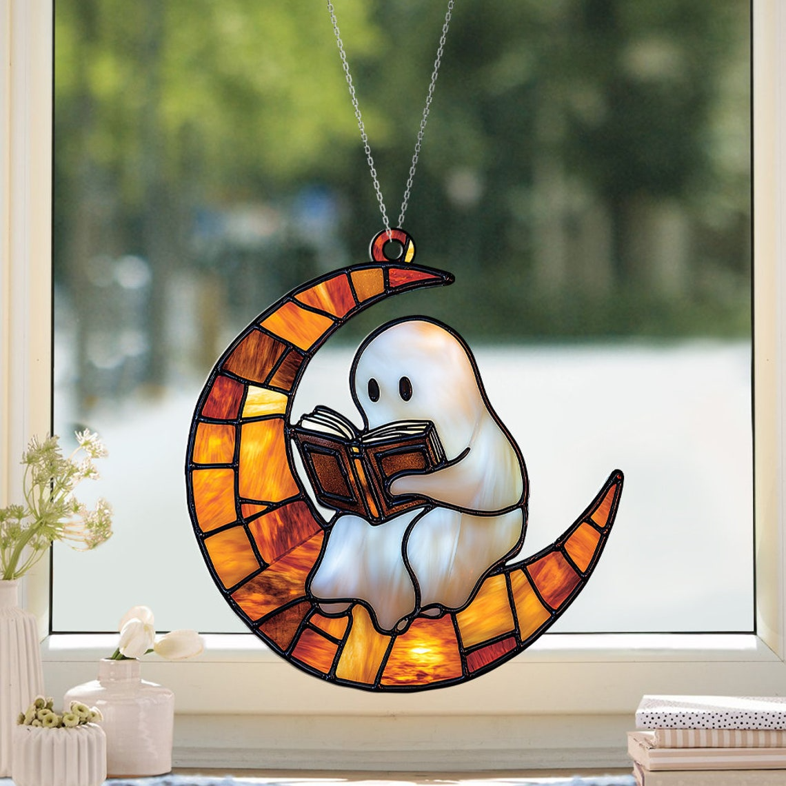 Cute Ghost Reading Books Suncatcher, Cute Ghost Halloween Suncatcher