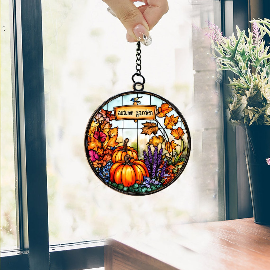 Autumn Pumpkin and Flower Garden Suncatcher, Pumpkin Halloween Ornament