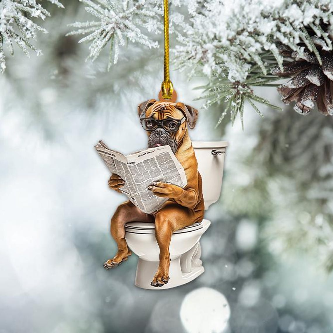 Funny Boxer Dog Sitting On Toilet Ornament, Boxer Dog Reading Newspaper Ornament Decor