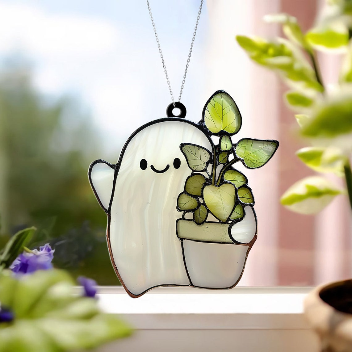 Ghost Plant Hanging Window Suncatcher Decor, Halloween Cute Ghost Hug Planter Ornament