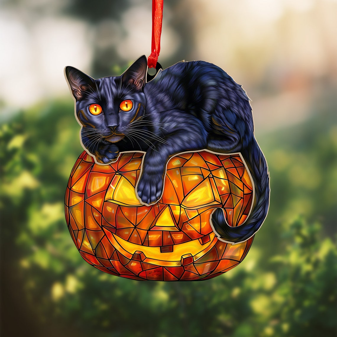 Cat Lying on the Pumpkin Halloween Hanging Suncatcher, Halloween Cute Cat Pumpkin Ornament