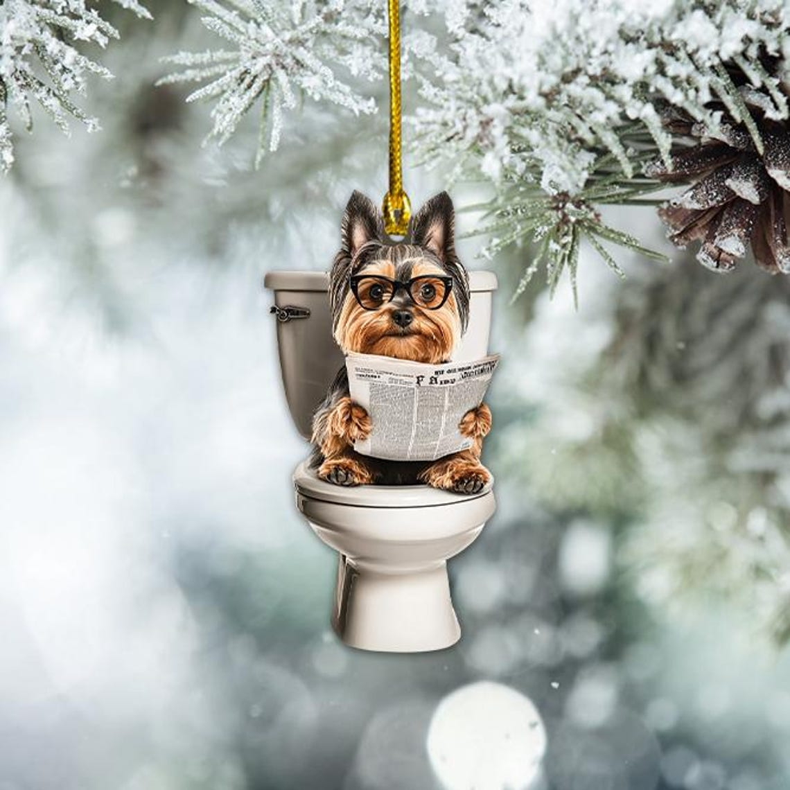 Christmas Yorkshire Terrier Dog Sitting On Toilet Ornament, Yorkie Dog Reading Newspaper Ornament