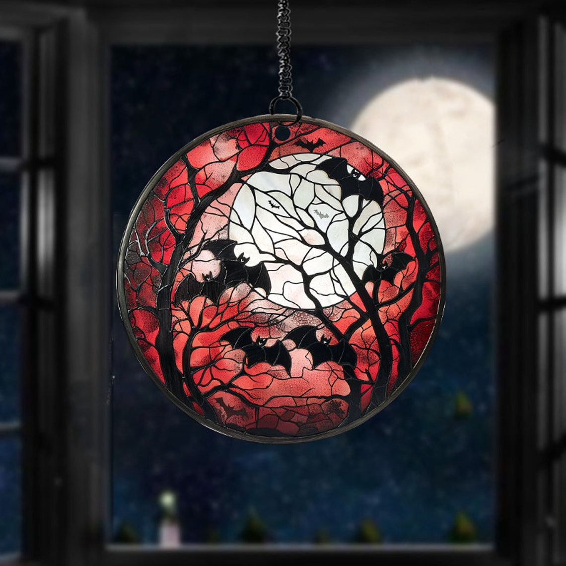 Bat And Moon with Red Sky Halloween Suncatcher, Halloween in the Night Moon Ornament