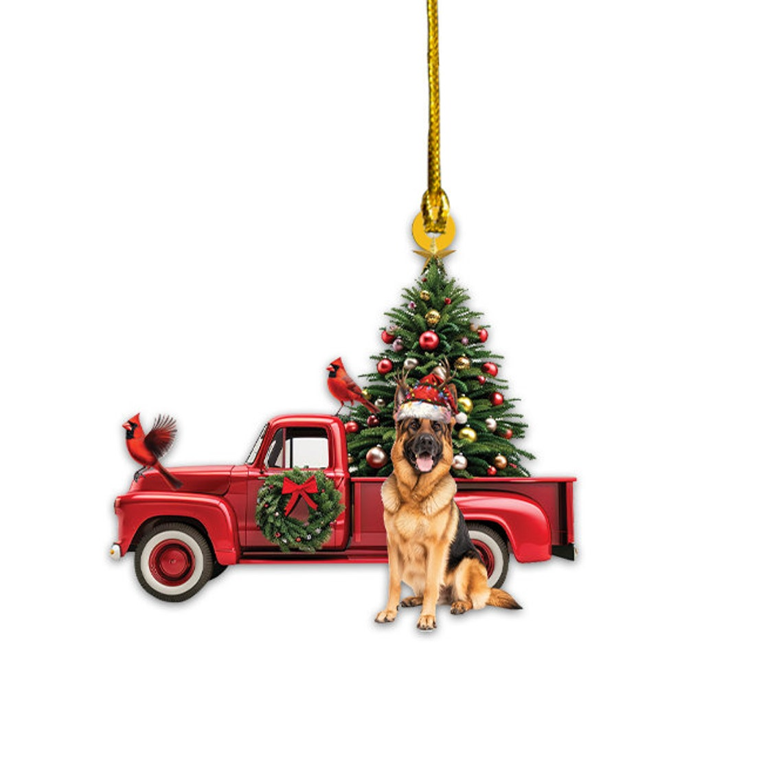 German Shepherd Dog And Red Truck Christmas Ornament, Cute Shepherd Dog Christmas Ornament Gift