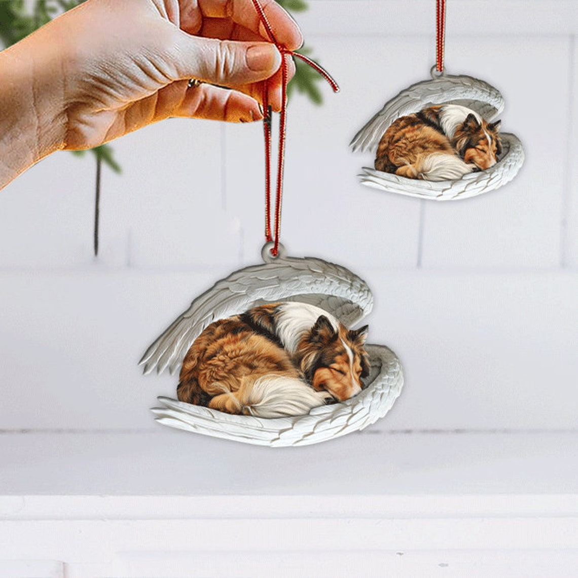 Rough Collie Dog Angel Wings Car Ornament, Ornament Rough Collie Dog Sleeping Christmas Decoration