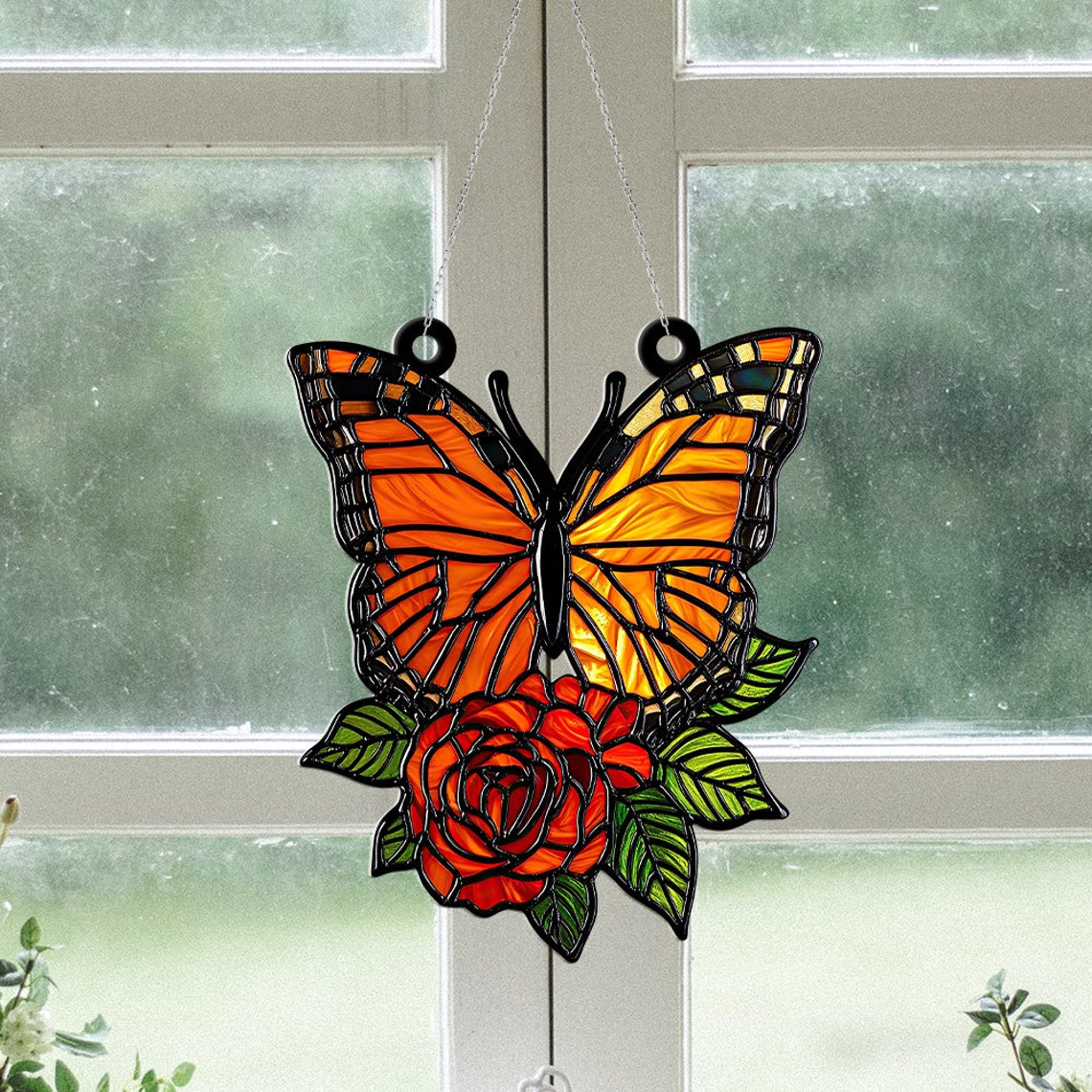 Unique Rose Butterfly Suncatcher Ornament, Flower Acrylic Window Hanging Ornament Decor