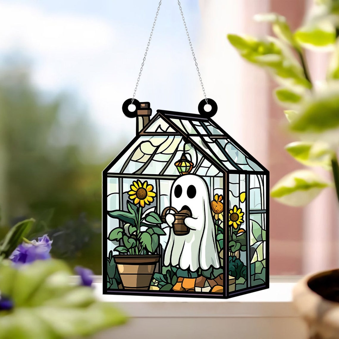 Cute Ghost Hanging Suncatcher Ornament, Ghost Greenhouse Home Decor