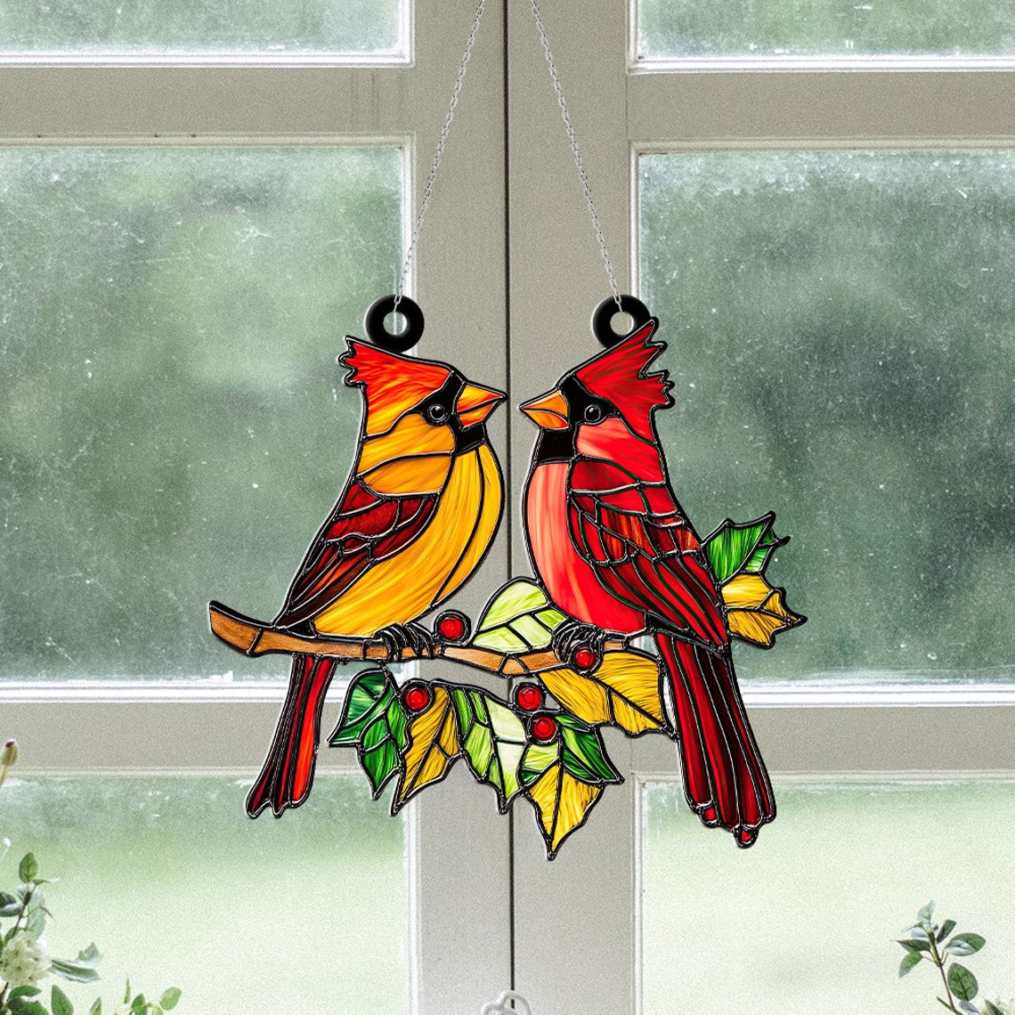 Cardinals Couple Suncatcher Ornament, Cardinals Christmas Ornament