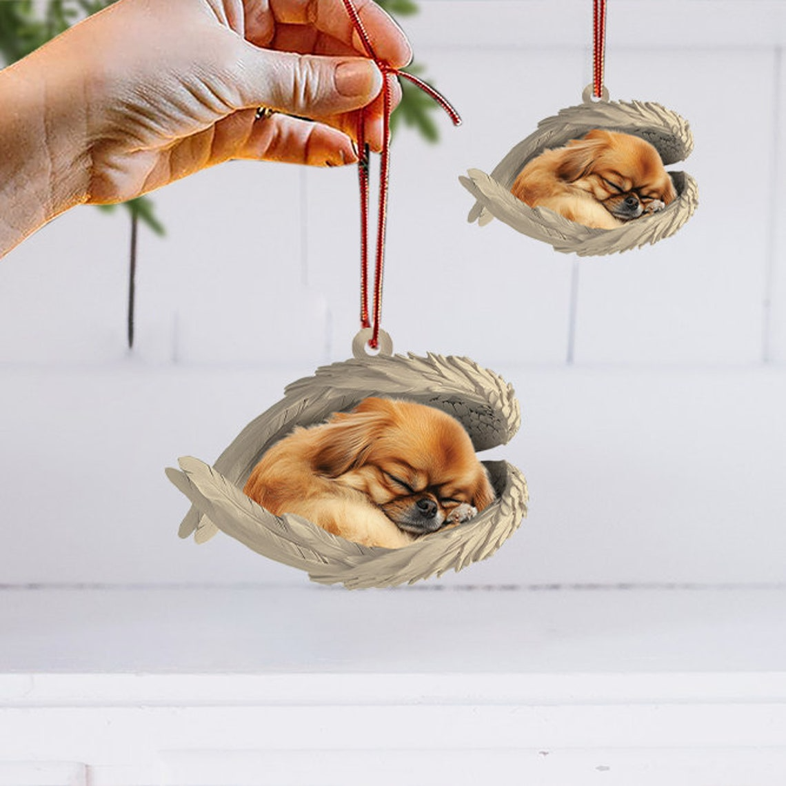 Pekingese Dog Hanging Christmas Ornament, Pekingese Dog Sleeping Angel Wings Ornament Decor