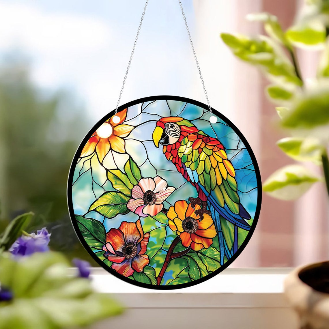 Parrot and Flower Suncatcher Ornament, Parrot Floral Window Hanging Ornament Decor