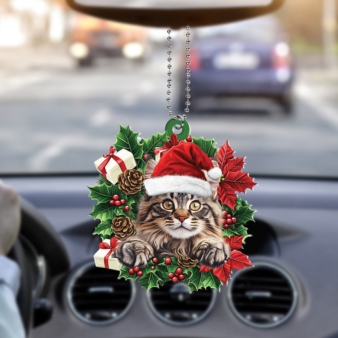 Maine Coon Cat Christmas Wreath Ornament, Maine Coon Cat Christmas Ornament Decor Holiday