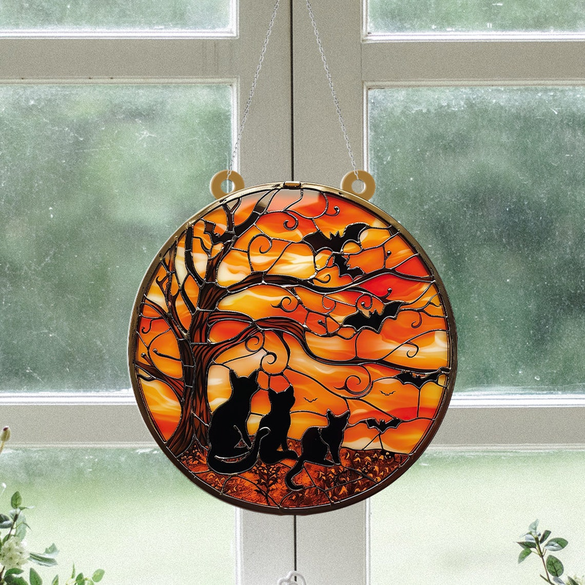 Cats in The Night Halloween Suncatcher Ornament, Halloween Cat Pumpkin Ornament