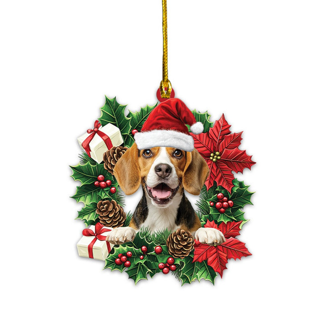 Beagle Dog Christmas Wreath Ornament, Cute Beagle Dog Christmas Tree Decor Ornament