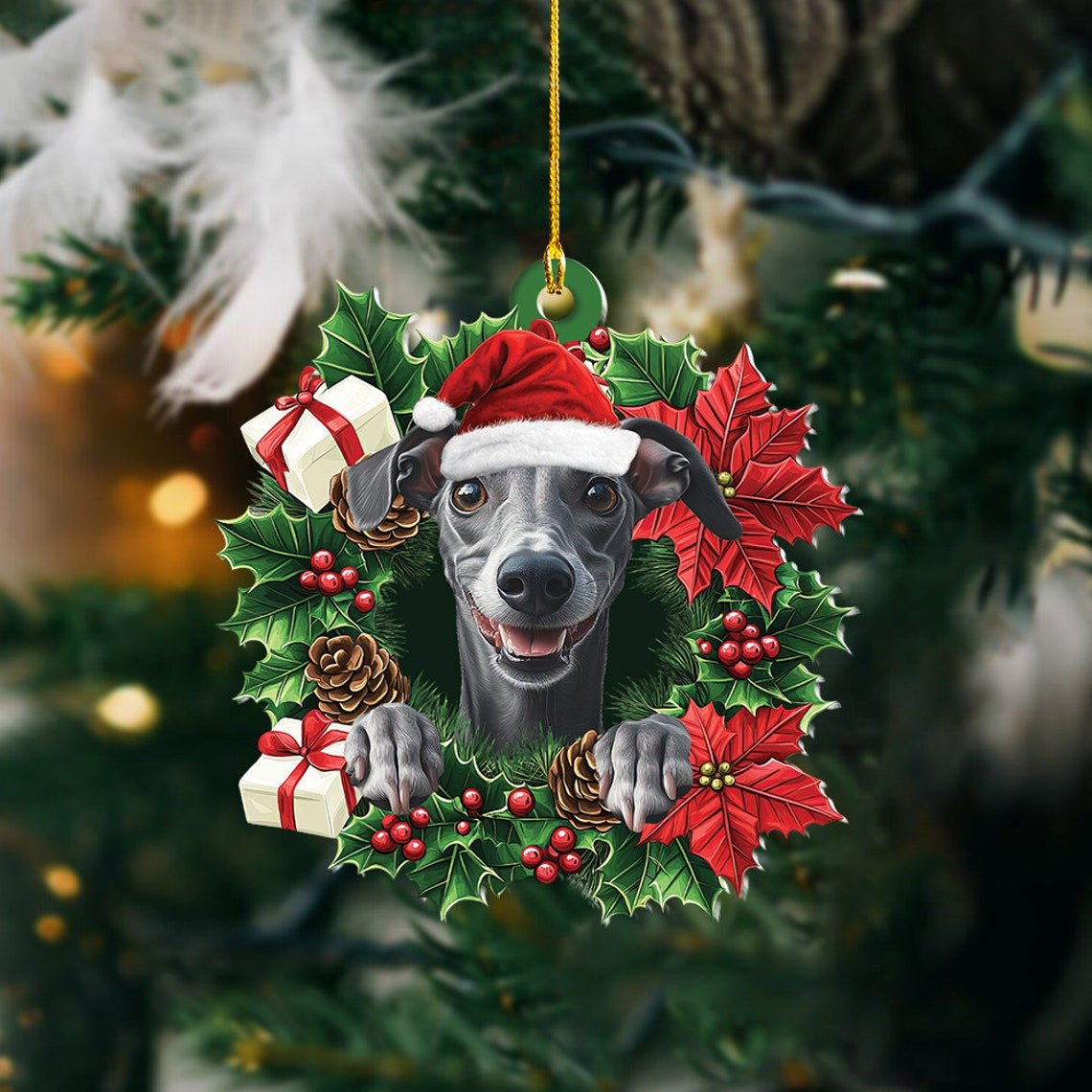 Greyhound Dog Christmas Wreath Ornament, Greyhound Dog Christmas Tree Ornament